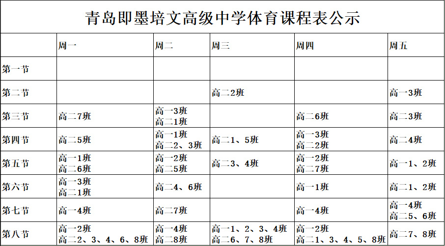 青岛即墨培文高级中学体育课程表公示